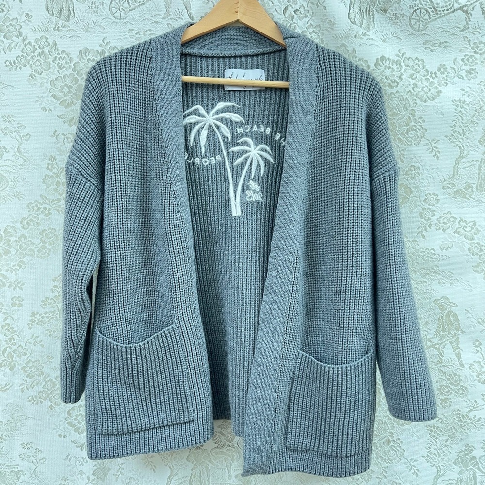 The Beach People Gray Knit Cardigan Beachy Sweater Palm Tree Embroidery M L